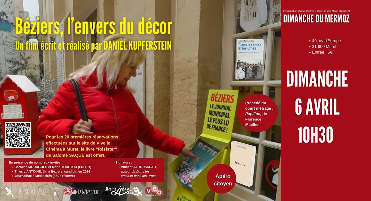 valadechristian's tweet image. Béziers : l&apos;envers du décor cine-mermoz.com/2025/03/bezier… 

Dimanche 6 avril 2025 à 10h30 au Cinéma Véo Muret
Séance proposée et animée par Vive le Cinéma à Muret

Pour les 20 premières réservations effectuées , le livre &quot;Résister&quot; de Salomé SAQUÉ est offert.
