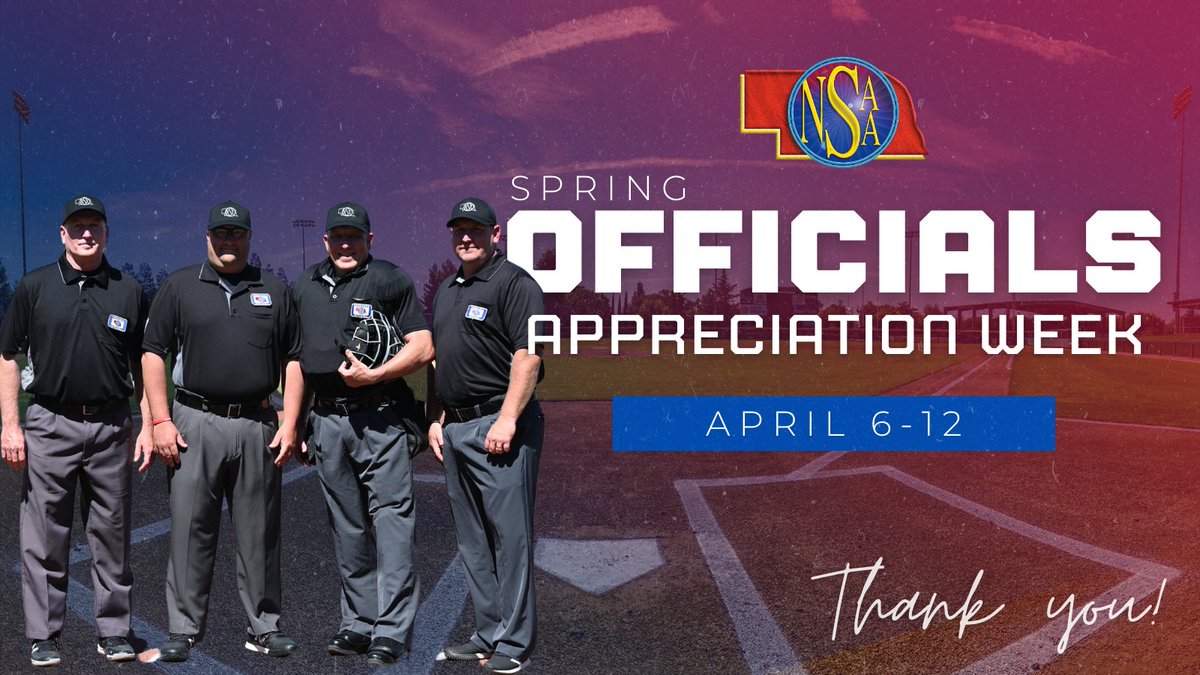 nsaahome's tweet photo. 🏅Here at NSAA, we wanted to invite everyone to share in our profound appreciation for all of our SPRING officials as we kick of Spring Officials Appreciation Week. A huge THANK YOU to the incredible sports officials who make student athletics possible! #Grateful https://t.co/nICJBWQRg8