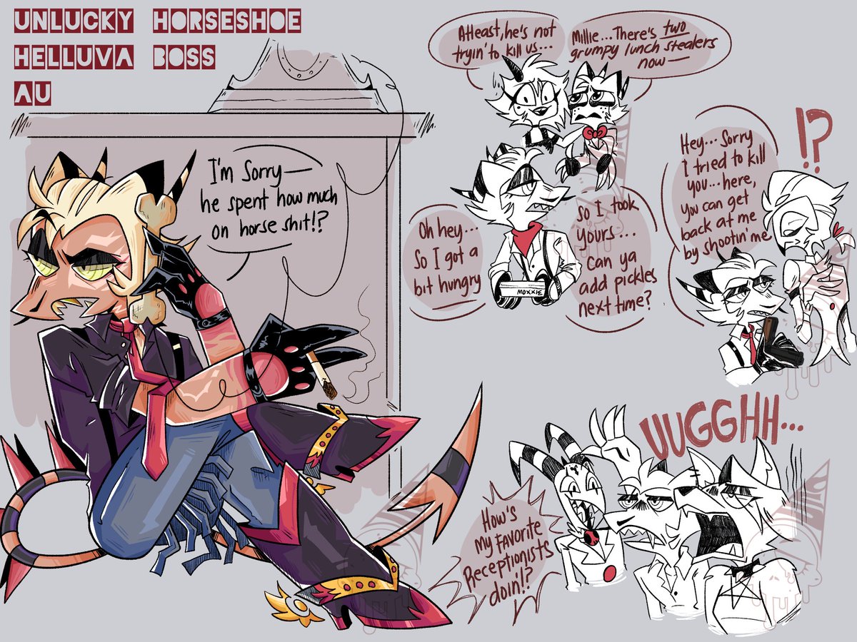 Unlucky Horseshoe AU - concept!

In an alternate timeline, Striker spares Stolas and the IMP during the harvest moon festival, ultimately failing his original mission and is now working as their "accountant" while evading the law.

#HelluvaBoss #HelluvaBossStriker