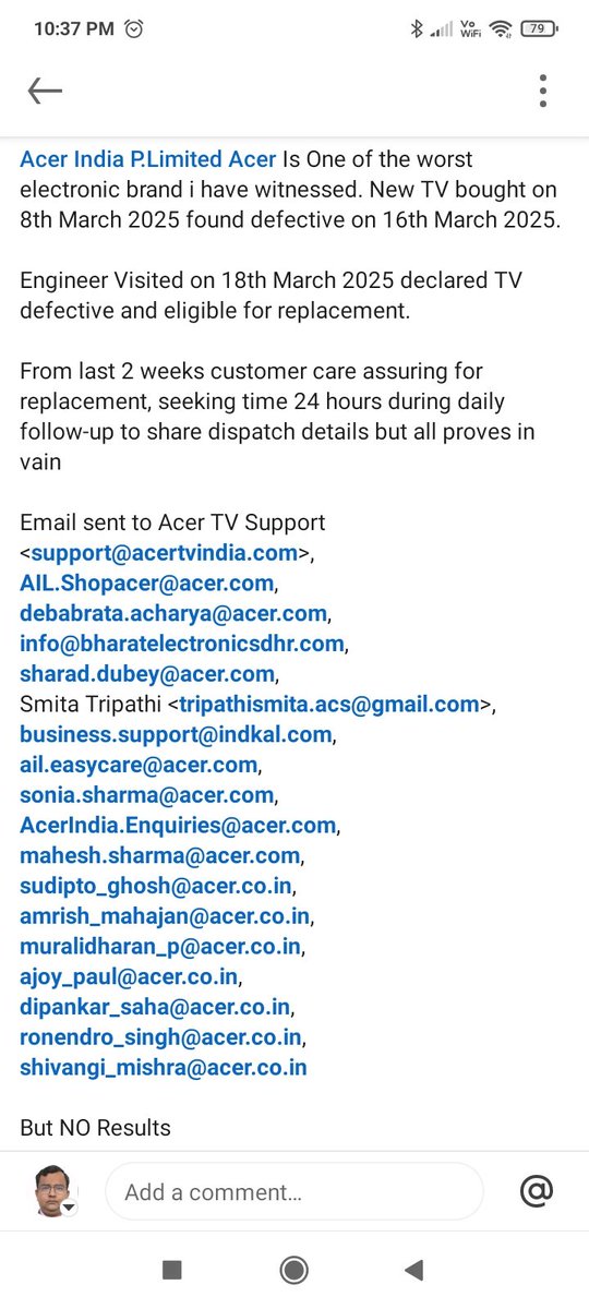 ExpertKapilGarg's tweet photo. @Acer_India @Acer @anand_indkal One of the worst electronic brand i have witnessed. New TV bought on 8th March 2025 found defective on 16th March 2025. Engineer Visited on 18th March 2025 declared TV defective and eligible for replacement।. 
@consaff @jagograhakjago https://t.co/JgPMmDeyGG