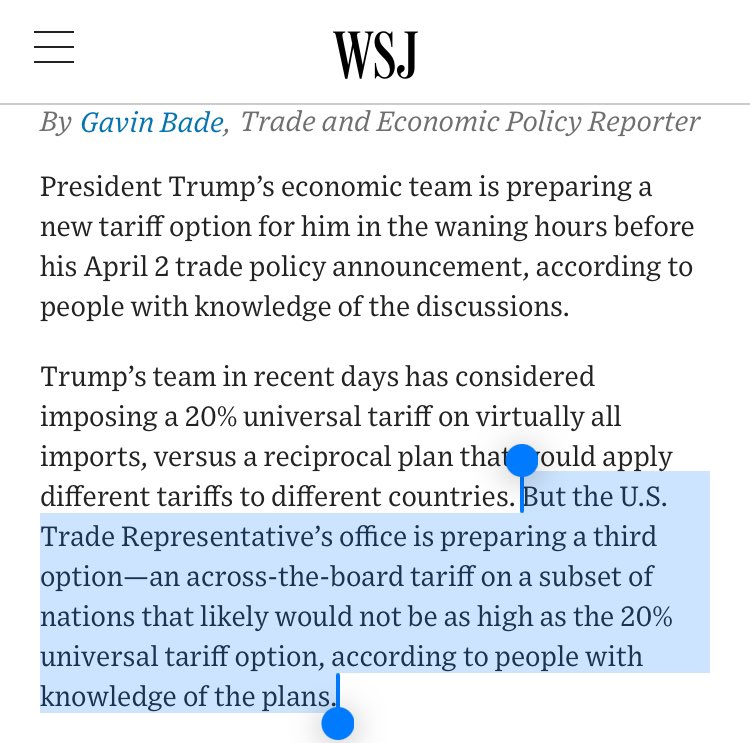 MaximColch's tweet image. Potentially a small tariff reprieve for the U.K.?
Trump’s team have ginned up a third tariff option for a subset of countries which would be below 20%.