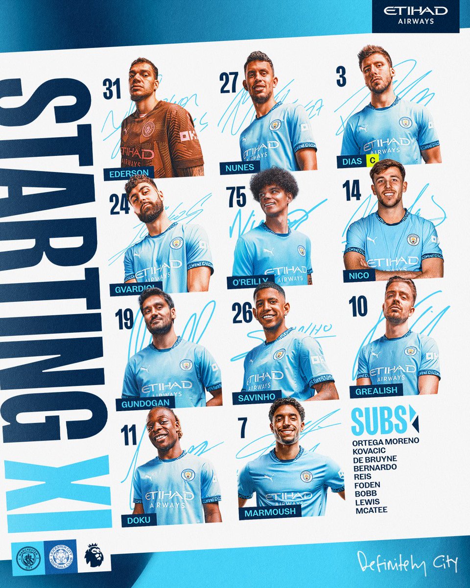 ManCity's tweet photo. Lining up tonight! 😤🩵

XI | Ederson, Nunes, Dias (C), Gvardiol, O’Reilly, Nico, Gundogan, Savinho, Grealish, Doku, Marmoush

SUBS | Ortega Moreno, Kovacic, De Bruyne, Bernardo, Reis, Foden, Bobb, Lewis, McAtee

#ManCity | @etihad https://t.co/rMT65Mq7B0