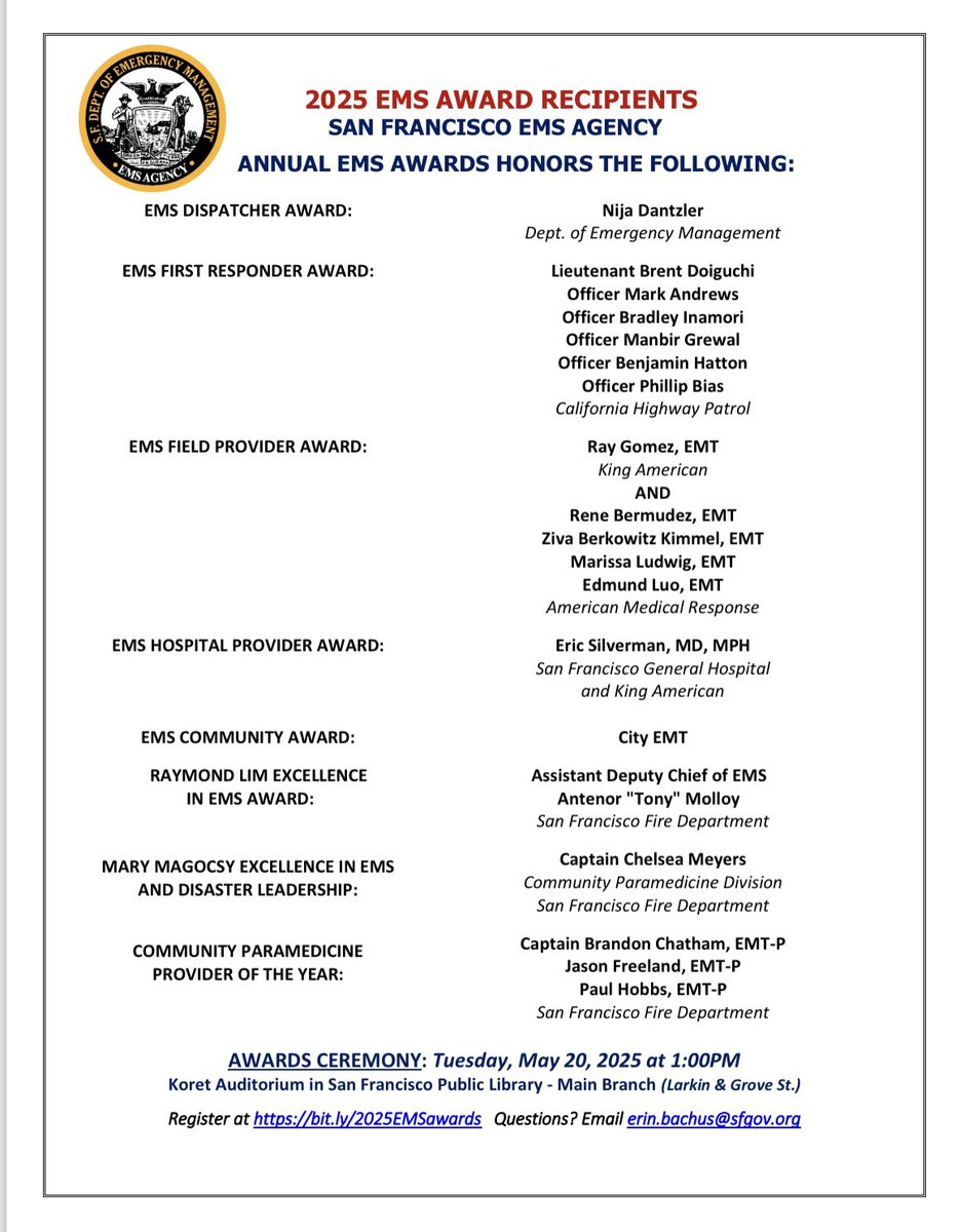 Congratulations to the 2025 EMS Award Recipients! We thank them for their life saving work and look forward to honoring them on May 20th! Join us by registering at bit.ly/2025EMSawards