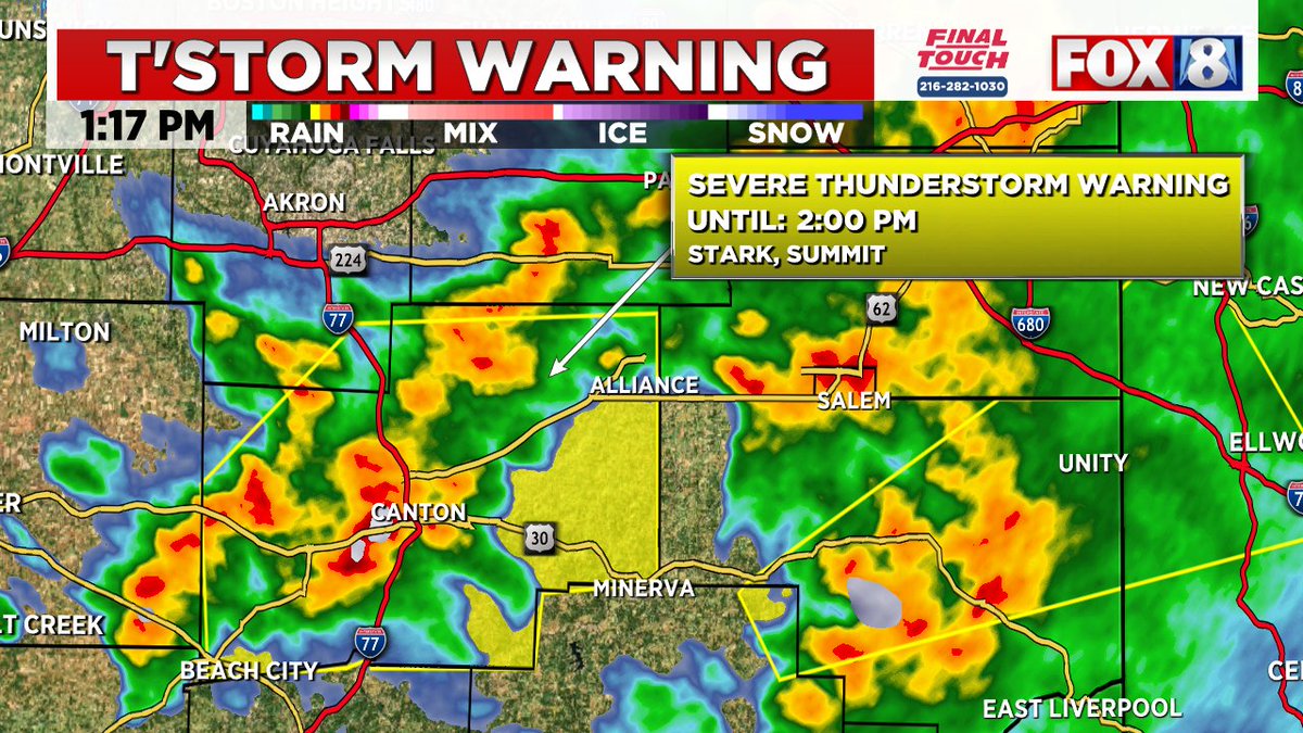 SEVERE THUNDERSTORM WARNING for Stark County until 2PM (4/2).
-Moving E at 65MPH
-60MPH winds and quarter size hail
<a href="/fox8news/">fox8news</a>