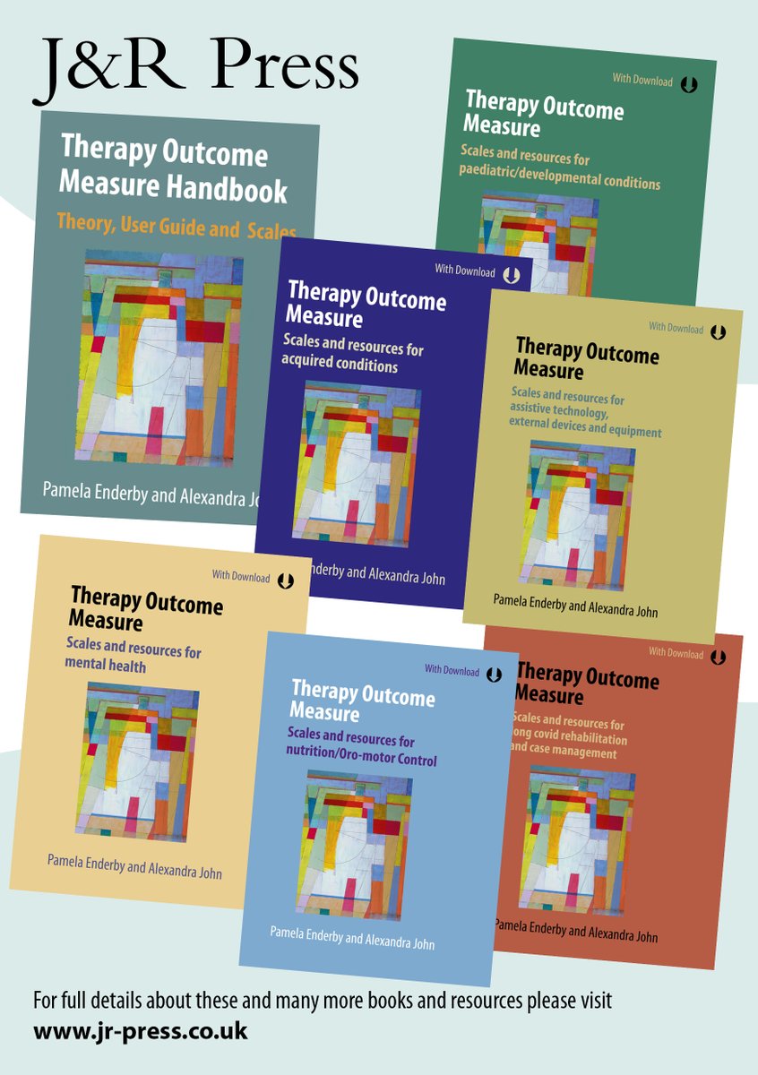 JandRPress's tweet image. Our new suite of books revolving around Pam Enderby & Alex John's Therapy Outcome Measure. A comprehensive handbook and six focussed resouces, based on now 84 applied scales. Available on a prepublication offer from: jr-press.co.uk/forthcoming-... #rehabilitation #therapy