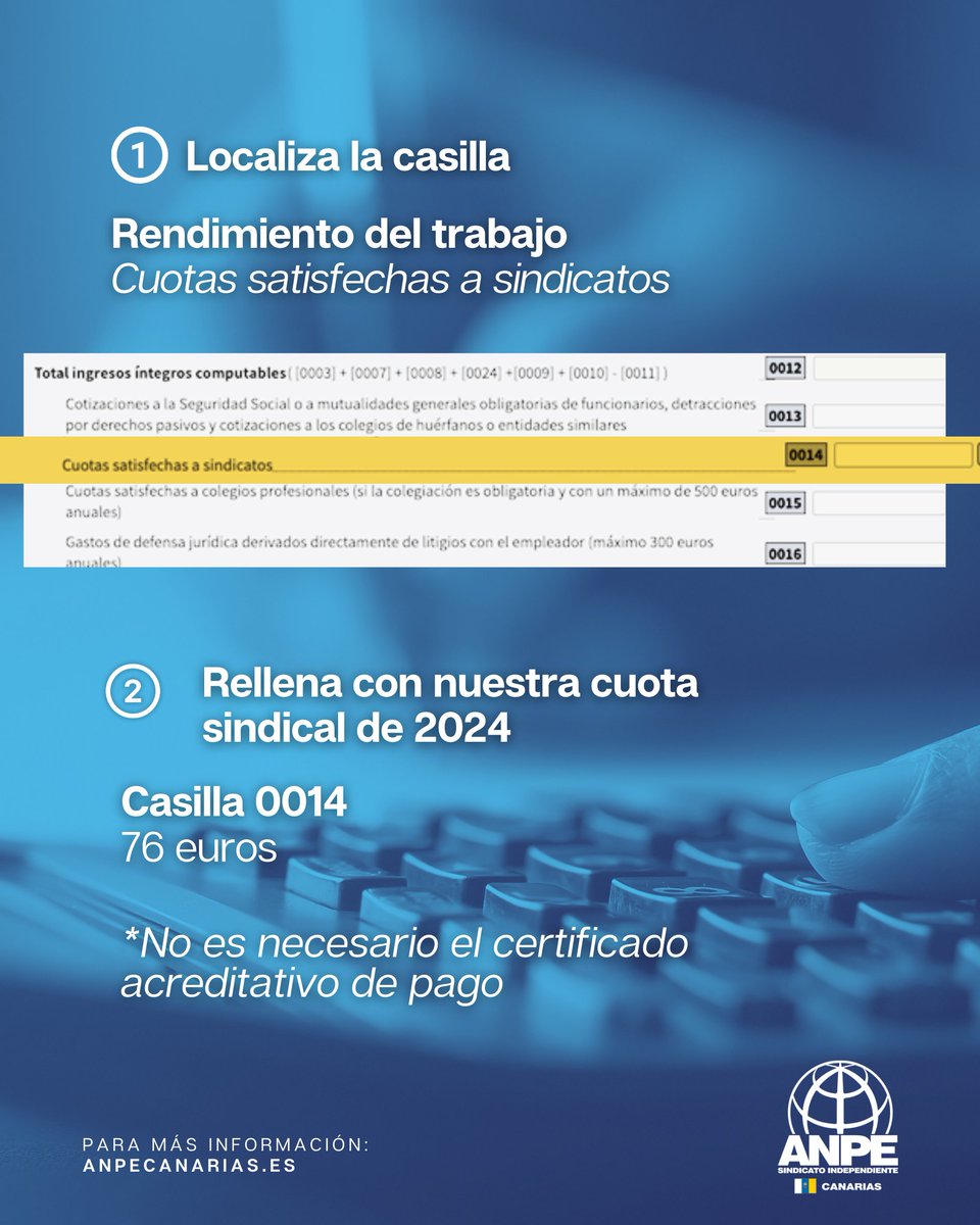 🧾 🧑‍🏫 Arranca la campaña de la #Renta2024

Aquí te contamos cómo puedes desgravar tu cuota sindical.

🔍  Busca en 'Rendimiento del trabajo' la opción 'Cuotas satisfechas a sindicatos', casilla 014, y apunta: 76 euros.

💶  No lo dejes pasar, esta deducción es tu derecho.