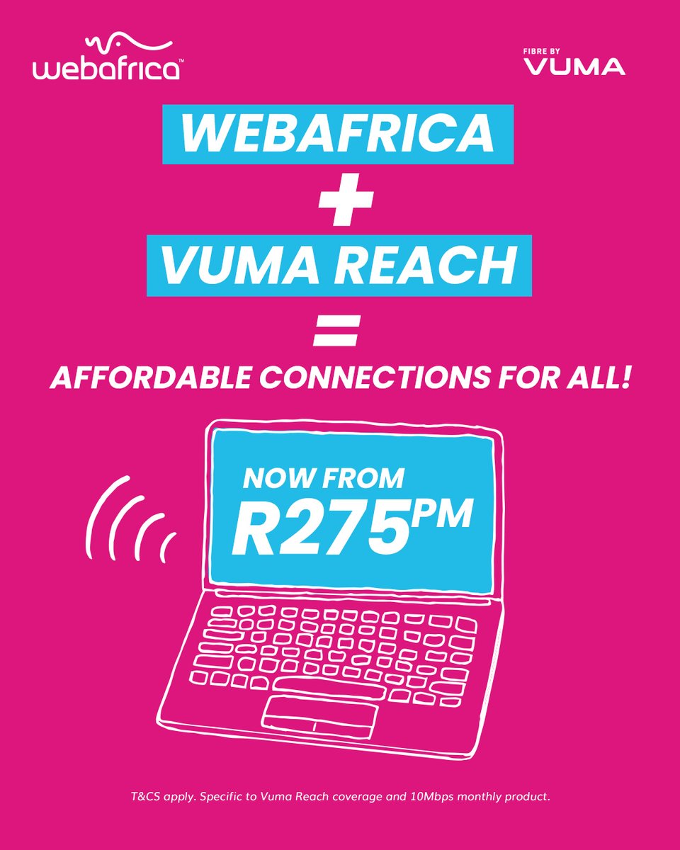 Data stress? Never heard of it. From only R275pm. Webafrica + Vuma Reach gives you Unlimited data so you can Binge, Scroll and Meme in peace. Sign up today: bit.ly/4j7j5vZ