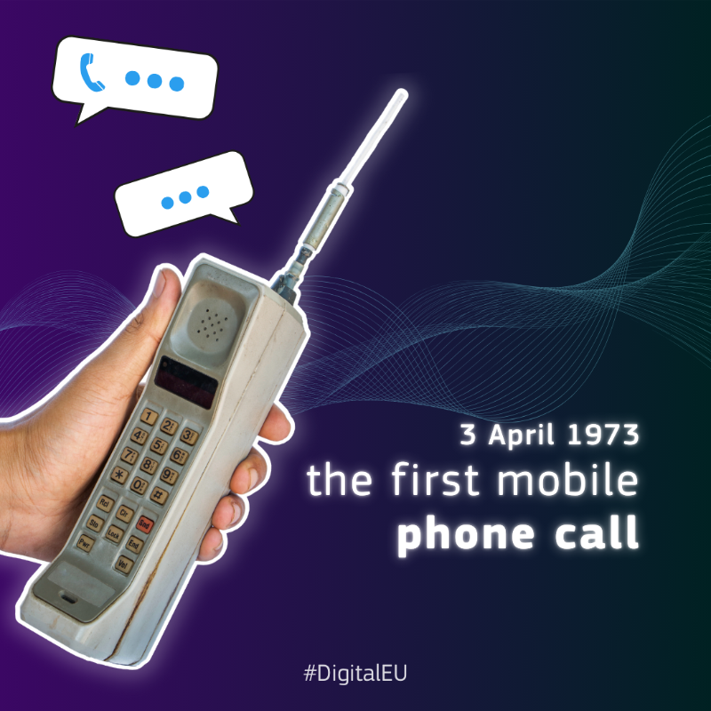 DigitalEU's tweet photo. 📞 On this day in 1973, Martin Cooper made the very first mobile phone call: an event that would spark a change in the way we connect forever.

Since that day, the 🇪🇺 has been making our communications easier: from #RoamLikeAtHome to the #EUCommonCharger!

More ⬇