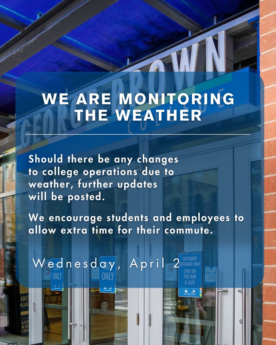 ⚠️  Environment Canada has issued both a freezing rain and rainfall warning for the City of Toronto. Total rainfall amounts of 30 to 50 mm are expected. We’re monitoring conditions and expect George Brown campuses to be open including child care centres and WAVE clinics.
