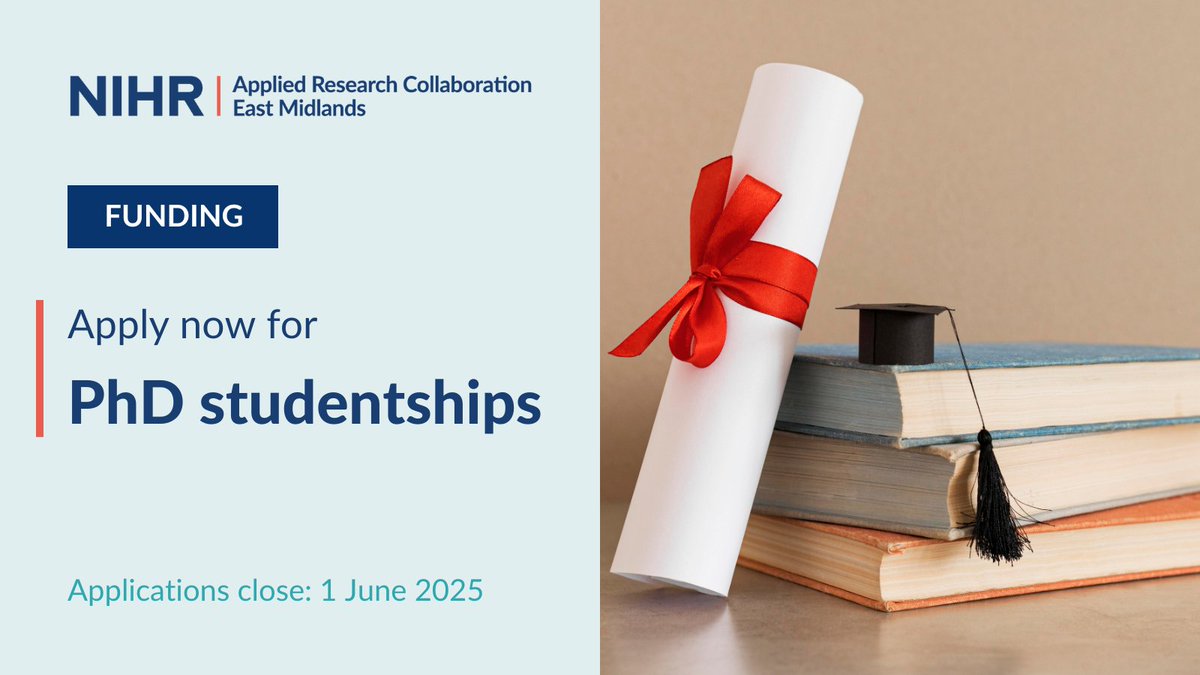 NIHR ARC East Midlands (@arc_em) on Twitter photo 🚨 Reminder: PhD Funding Opportunities!
We’re offering funding for #PhD studentships at <a href="/ARC_EM/">NIHR ARC East Midlands</a>. Applications close 1 June 2025.
📄 Details & application: bit.ly/3G1WGly
❓ FAQs: bit.ly/4cgYiEi
Do you know someone who might be interested? Please share! 🚨 Reminder: PhD Funding Opportunities!
We’re offering funding for #PhD studentships at <a href="/ARC_EM/">NIHR ARC East Midlands</a>. Applications close 1 June 2025.
📄 Details & application: bit.ly/3G1WGly
❓ FAQs: bit.ly/4cgYiEi
Do you know someone who might be interested? Please share!
