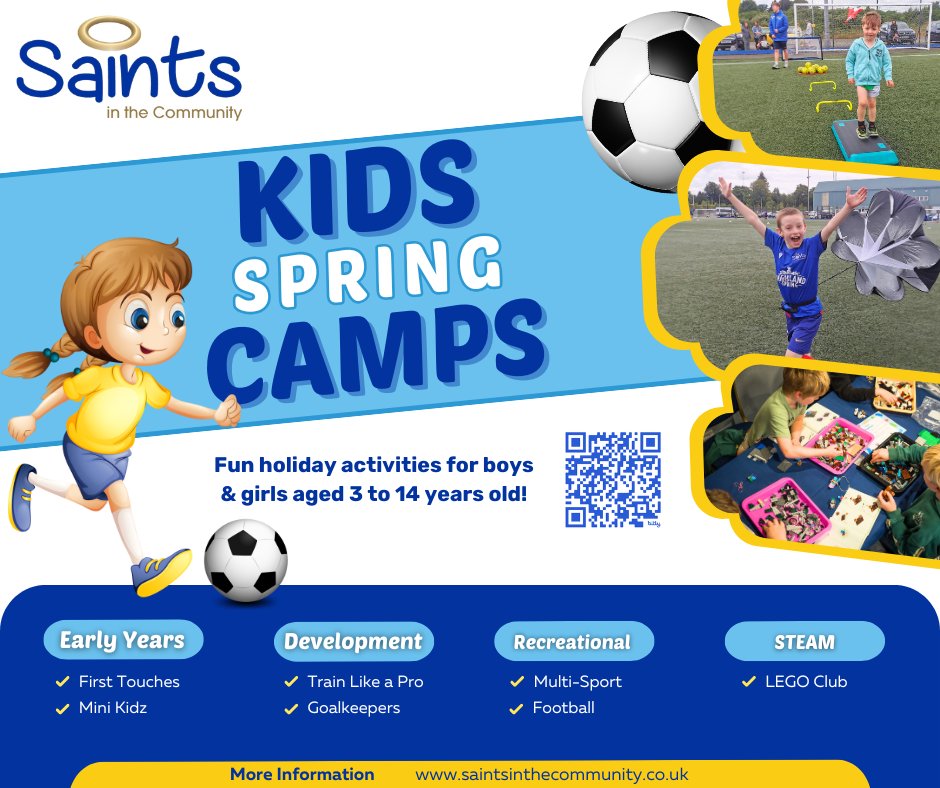 🍂l Our Spring Holiday Camps kick off next week! 

From our Train Like a Pro soccer week to the return of our action-packed camps, preschool activities, and pop-up LEGO Clubs - this April promises to be unforgettable!

Get booked in ⤵️
bookings.saintsinthecommunity.co.uk//list