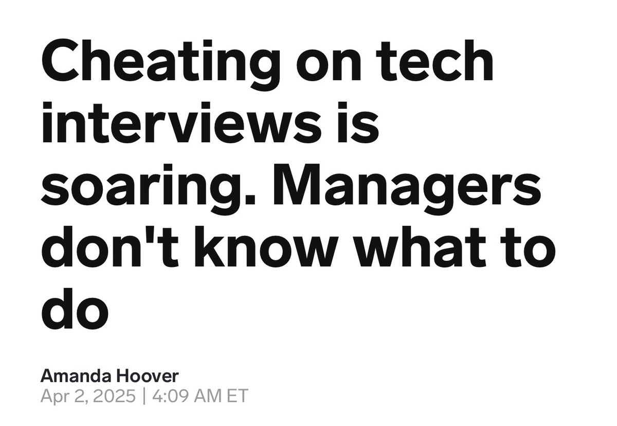 randomrecruiter's tweet image. Cheating in tech interviews is exploding.

Why?

Because most interviews are still virtual, and the job market is brutal that candidates are starting to resort to any means necessary. 

Here’s what’s actually happening:
• Candidates using AI tools to answer behavioral questions…