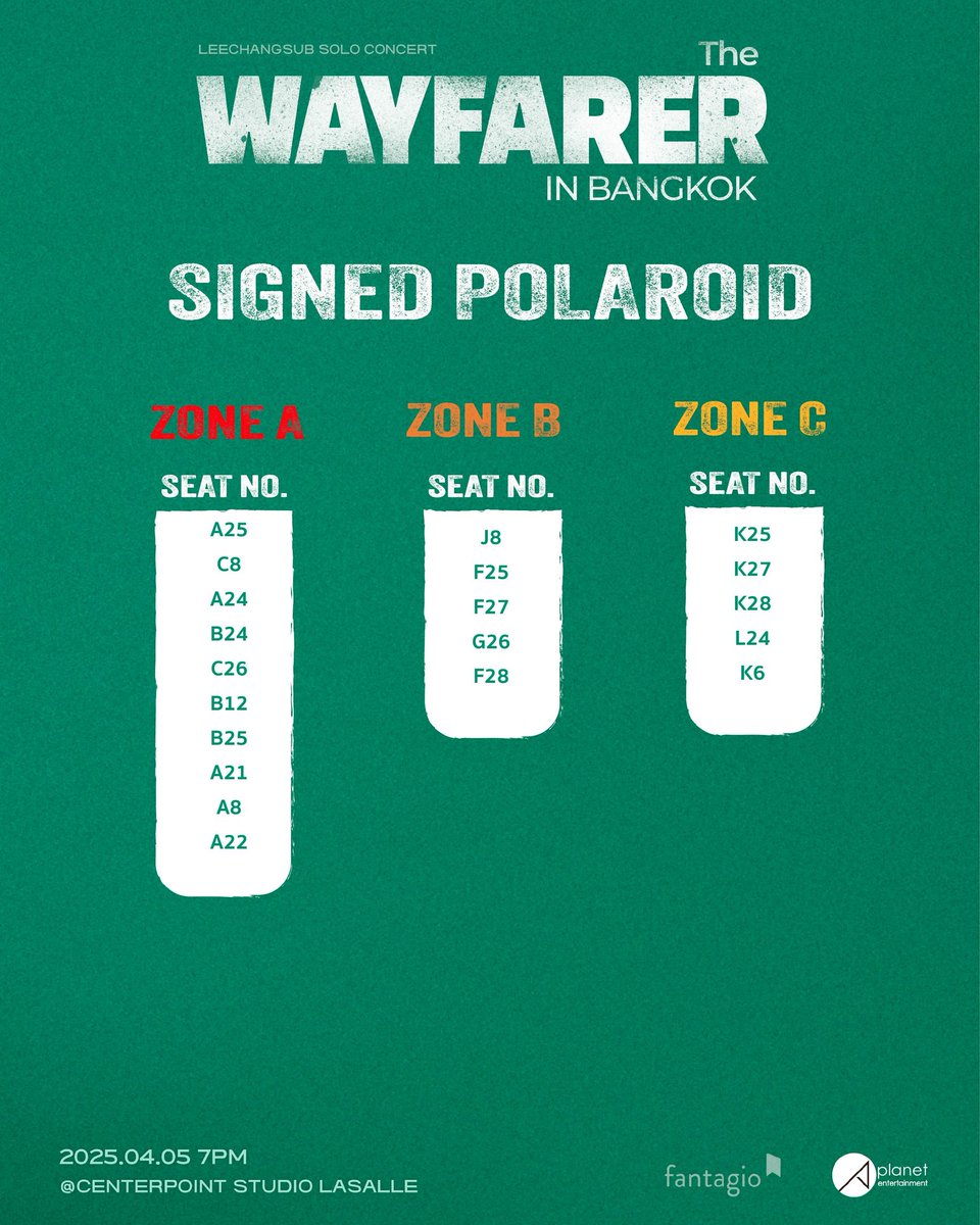 📢 ยินดีกับเมโลดี้!!
ประกาศหมายเลขที่นั่งผู้โชคดีที่ได้รับสิทธิพิเศษ งาน 2025 LEECHANGSUB SOLO CONCERT [The Wayfarer] IN BANGKOK

🎶 ชางซอบ รอเจอทุกคนอยู่น้า

🗓️ เสาร์ที่ 5 เมษายน 2025 | 19:00 น. (เวลาไทย)
📍 เซ็นเตอร์พ้อยท์ สตูดิโอ ลาซาล