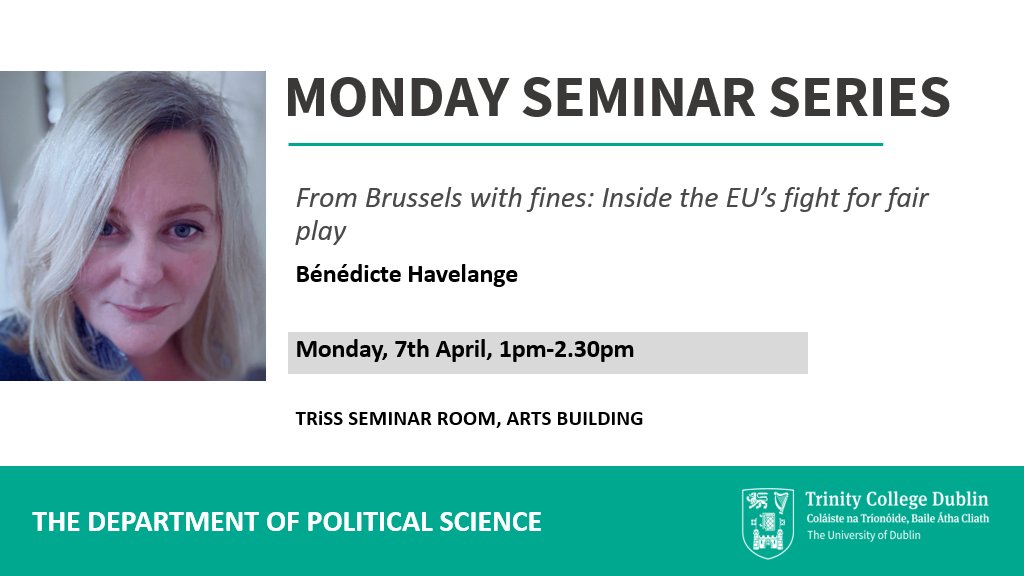 TCDPoliticalSci's tweet image. The Department looks forward to welcoming Bénédicte Havelange for next week&apos;s Monday seminar: tcd.ie/Political_Scie…………………………………
@TCD_AHSS @TCD_SSP @tcdeconomics
@TCDsociology @TCDphilosophy
@ceph_ie @TCDLawSchool @psaitweets