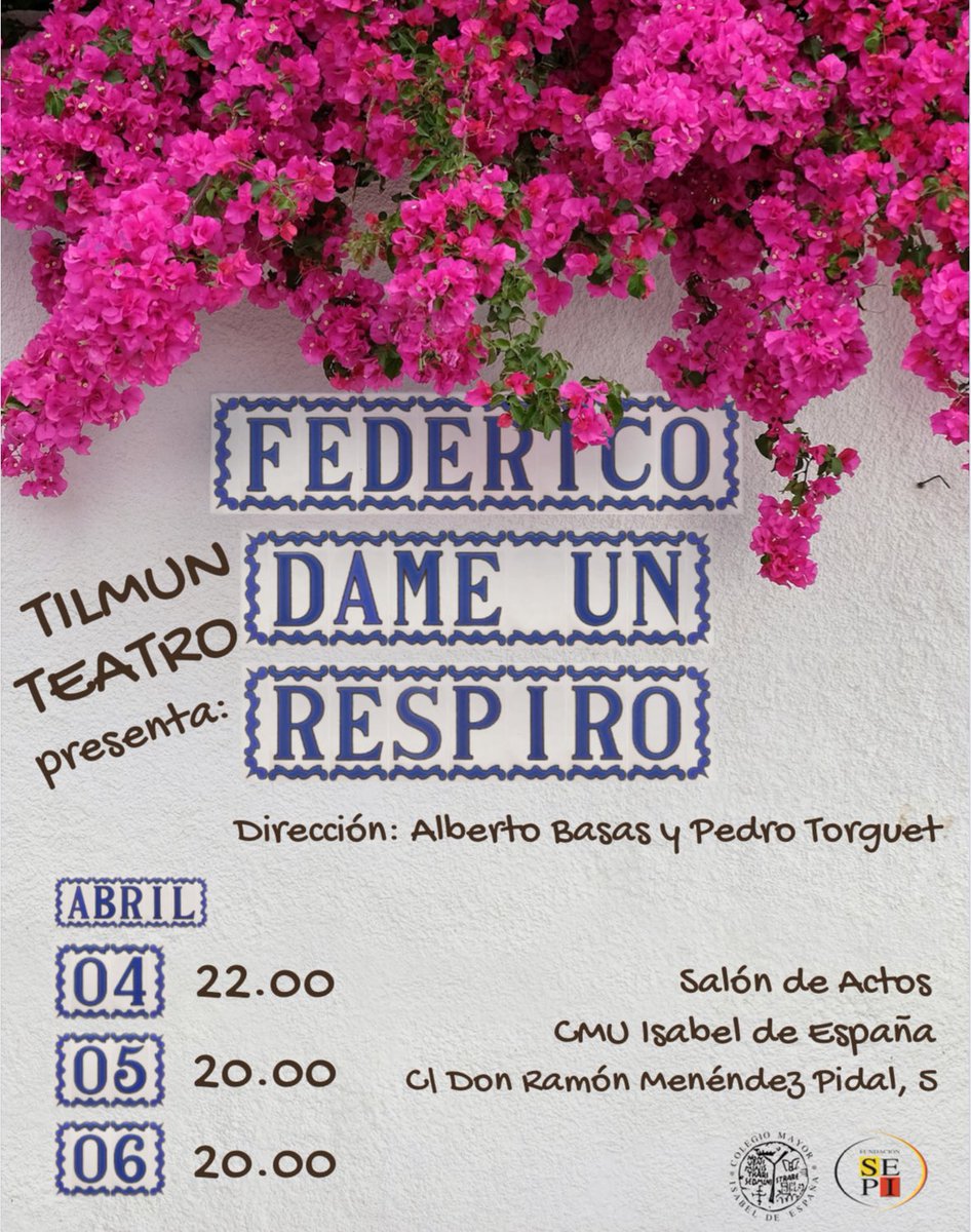 CMU Isabel de España (@cmu_isabel) on Twitter photo Este fin de semana, el escenario de nuestro Mayor cobra vida con “Federico dame un respiro”. El grupo Tilmun Teatro presenta una obra que no os podéis perder, dirigida por <a href="/AlbertoBasas/">Alberto Basas</a> y <a href="/PedroTorguet/">Pedro Torguet</a>.
¡Os esperamos para disfrutar del mejor teatro universitario!🎭 Este fin de semana, el escenario de nuestro Mayor cobra vida con “Federico dame un respiro”. El grupo Tilmun Teatro presenta una obra que no os podéis perder, dirigida por <a href="/AlbertoBasas/">Alberto Basas</a> y <a href="/PedroTorguet/">Pedro Torguet</a>.
¡Os esperamos para disfrutar del mejor teatro universitario!🎭