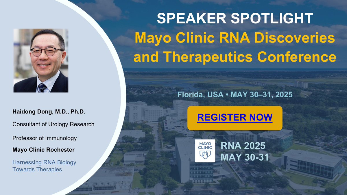 Nilufer Ertekin-Taner, MD, PhD (@drnertekintaner) on Twitter photo Speaker Spotlight for Mayo Clinic RNA Discoveries and Therapeutics Conference on our FL campus on May 30-31, 2025, livestream option. Excited to have <a href="/hd_DongMDPhD/">Haidong Dong</a> from <a href="/MayoClinic/">Mayo Clinic</a> as a presenter. Don’t forget to register and submit abstracts. lnkd.in/gtqwsy55 <a href="/DoctorQMd/">Dr. Alfredo Quiñones-Hinojosa</a> Speaker Spotlight for Mayo Clinic RNA Discoveries and Therapeutics Conference on our FL campus on May 30-31, 2025, livestream option. Excited to have <a href="/hd_DongMDPhD/">Haidong Dong</a> from <a href="/MayoClinic/">Mayo Clinic</a> as a presenter. Don’t forget to register and submit abstracts. lnkd.in/gtqwsy55 <a href="/DoctorQMd/">Dr. Alfredo Quiñones-Hinojosa</a>