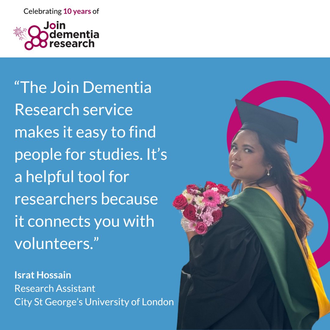 Join Dementia Research (@beatdementia) on Twitter photo Israt Hossain, a research assistant at <a href="/CityStGeorges/">City St George's, University of London</a>, is encouraging researchers to use our service to connect with volunteers.
Have you used Join Dementia Research to recruit to your study? We'd love to hear from you and share your story!
Contact us at comms.jdr@nihr.ac.uk Israt Hossain, a research assistant at <a href="/CityStGeorges/">City St George's, University of London</a>, is encouraging researchers to use our service to connect with volunteers.
Have you used Join Dementia Research to recruit to your study? We'd love to hear from you and share your story!
Contact us at comms.jdr@nihr.ac.uk