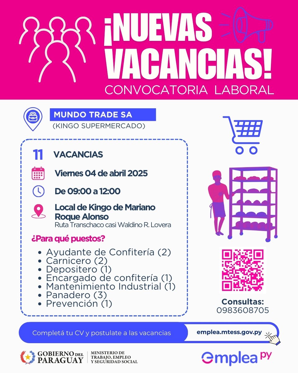 #OportunidadLaboral #EmpleaPy 

¡Atención buscadores de empleo! 

A través de nuestra Dirección General de Empleo gestionamos estas oportunidades para cubrir vacancias en el sector supermercadista. 

📍Si sos de Mariano Roque Alonso o alrededores, ¡no te pierdas esta convocatoria