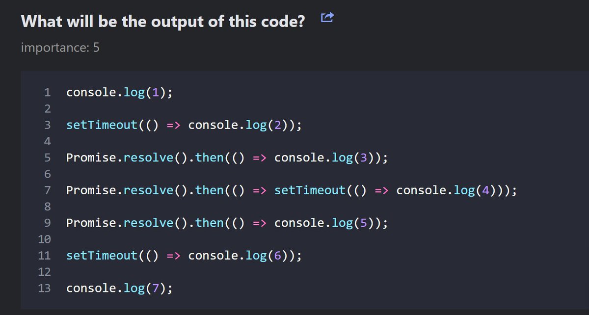 ShaddaiLinus's tweet image. JavaScript's event loop never fails to surprise! 🤯
Take a look at this code snippet. What do you think the output will be?
Drop your guesses in the comments before running it!
#JavaScript #EventLoop #AsynchronousProgramming #CodingChallenge