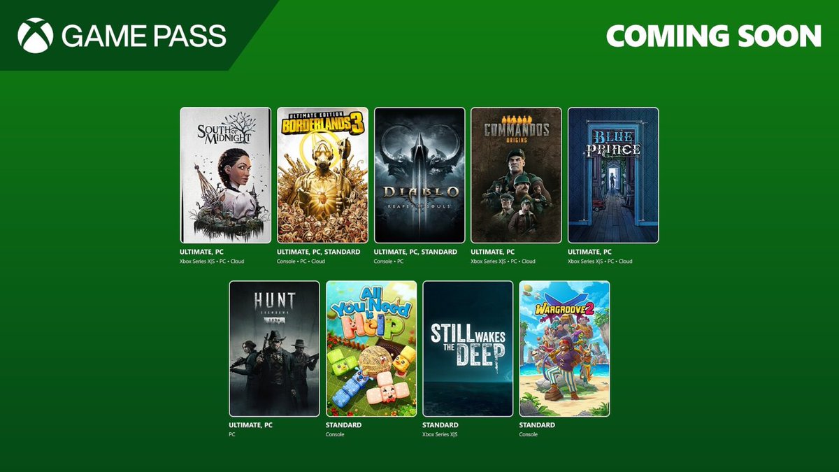 XboxSeries_XS's tweet photo. Pronto en el #Gamepas
3️⃣:
•Borderlands 3 Ultimate Edition
•All You Need is Help
•Still Wakes the Deep
•Wargroove 2
8️⃣:
•Diablo III: Reaper of Souls – Ultimate Evil Edition
•South of Midnight
9️⃣:
•Commandos: Origins
1️⃣0️⃣:
•Blue Prince
1️⃣5️⃣:
•Hunt https://t.co/5Ggx0GMOPk