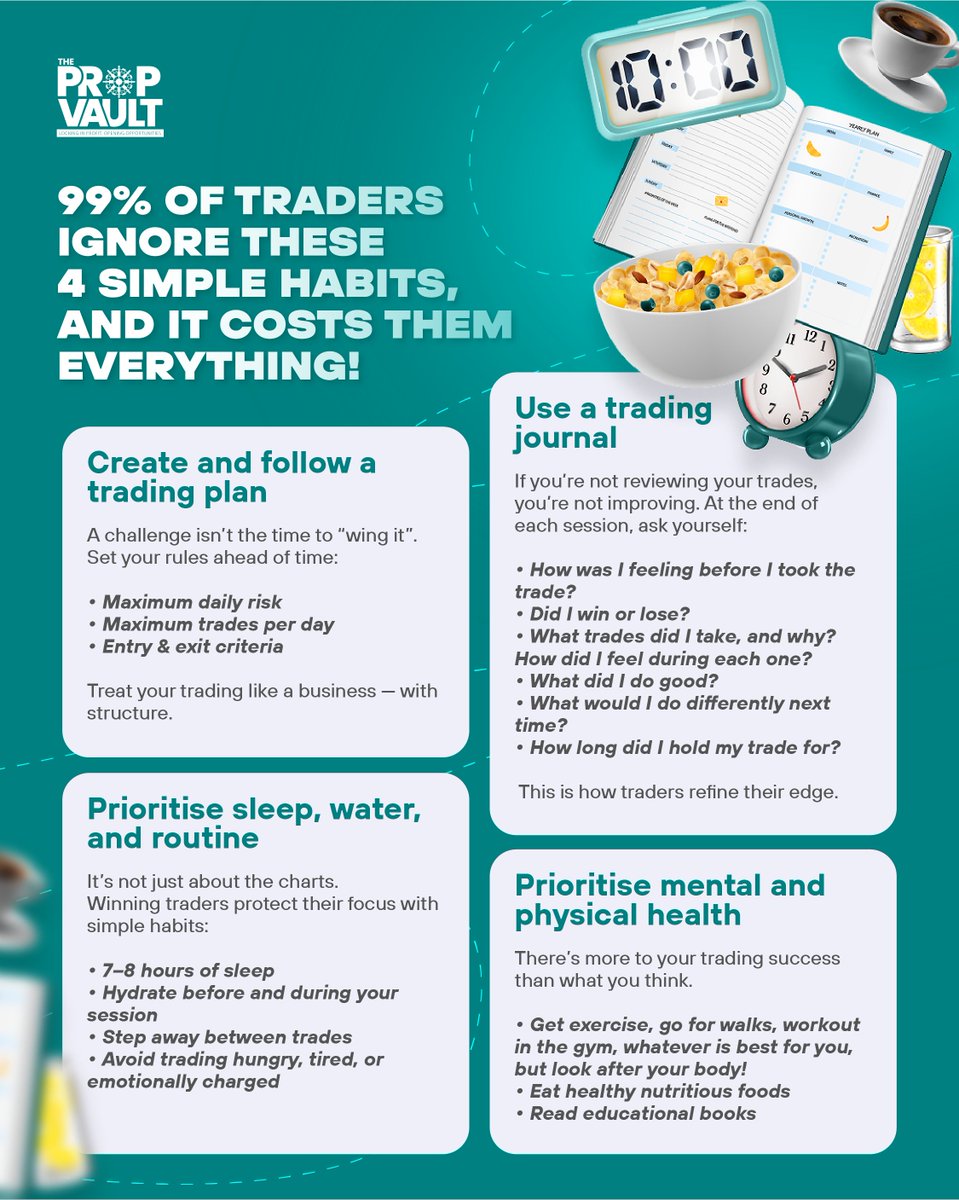 ThePropVault_'s tweet image. Are you implementing these healthy trading habits into your routine?
If not, it could be the reason you're not finding the success you deserve!
99% of traders fail, but why is that?
thepropvault.com
#TradingEducation #PropFirm #FundedTrader #Motivation #Success
