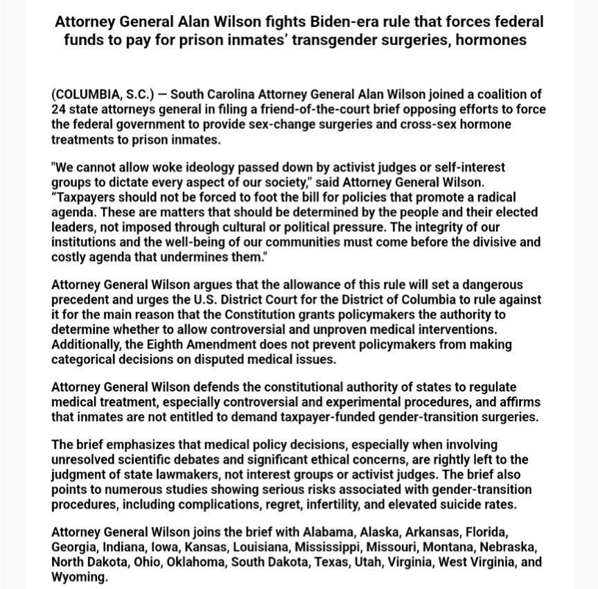 mattywrites's tweet image. Inbox: @AGAlanWilson joined a 24 state coalition that opposes federally funded gender transitions for prisoners.
