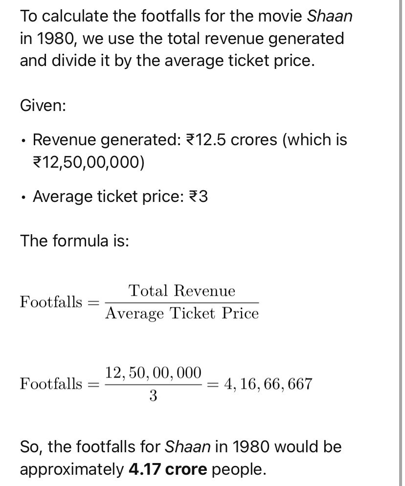 ashoksingh68's tweet image. #Shaan footfalls is over 4 crores and adjusted for inflation box office is 1250 crores! #Rambalram, Shaan and #Dostana clashed releasing in Oct-Dec 1980. Adjusted for inflation, they crossed 3000 crores! A one many industry! #AmitabhBachchan #Bollywood @SrBachchan