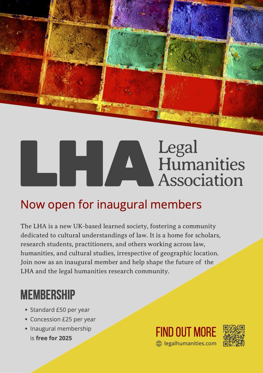 Very exciting, there is a new learned society in legal studies, the Legal Humanities Association. It's based in the UK but very explicitly international in focus. It aims to foster a community dedicated to cultural understandings of law.  legalhumanities.com
