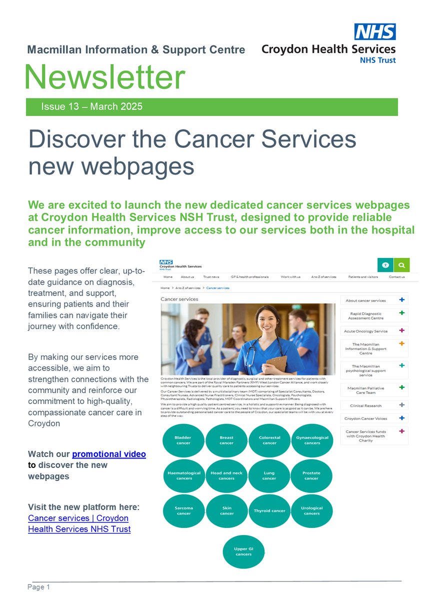 CUHMacmillan's tweet photo. 1/2 It is another exciting monthly newsletter with the launch of the new #cancerservices webpages on
@croydonhealth website (see 2/2) , #cancer awareness events in #Croydon , more health & wellbeing activities and a fun fundraising event #CancerSupport #ExpOfCare #LWBC https://t.co/LaN2wlFts9
