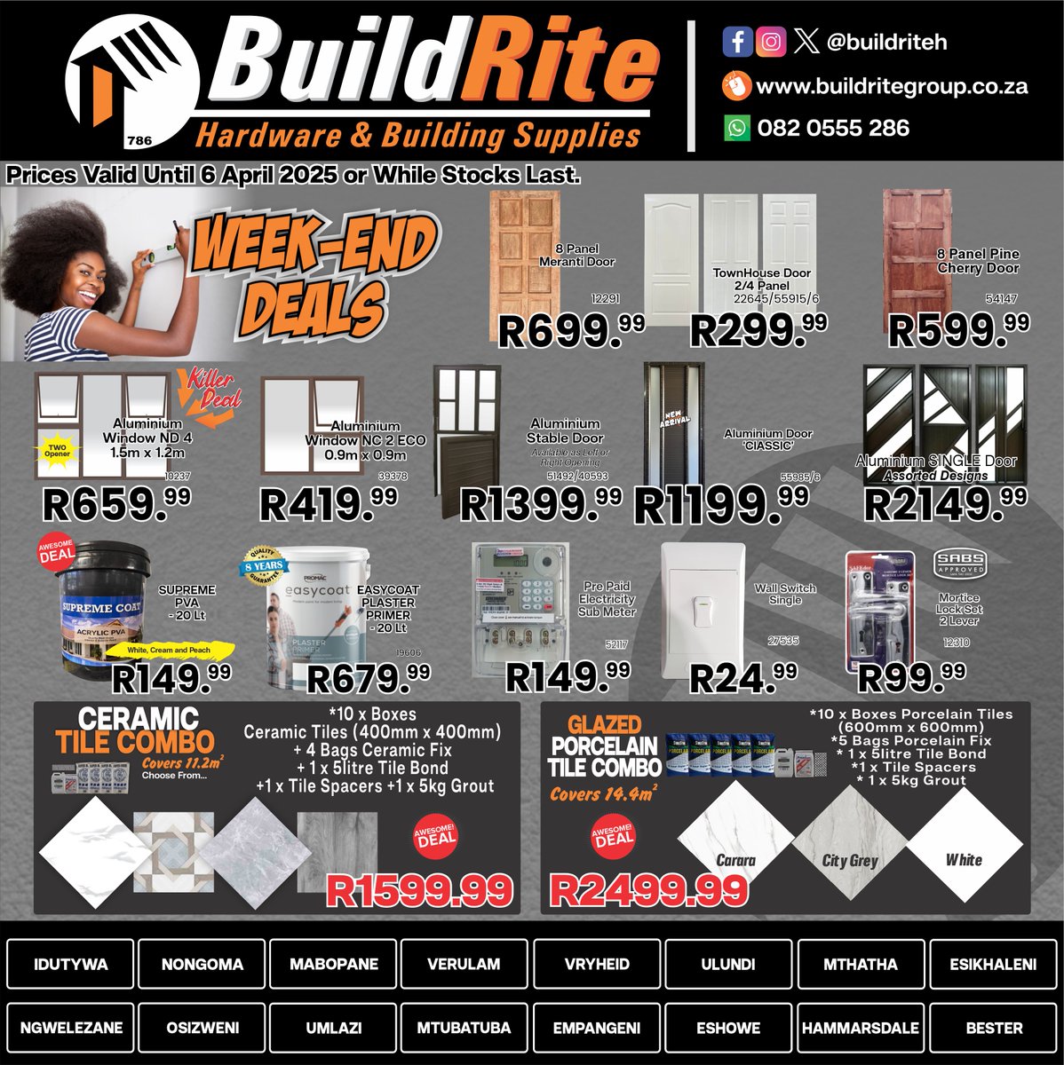 BuildriteH's tweet photo. Deals Deals Deals, head down now to your nearest Build Rite Hardware and enjoy our Weekend Deals and big saving's on all your favorite items😁

#sale #specials #weekend #HurryWhileStocksLast #trendy #Home #buildrite #special #promo #sale #deals https://t.co/6jYDRDhZZY