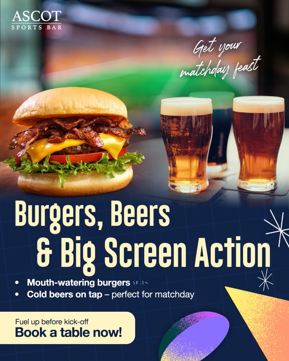 Burgers, Beers &amp; Big Screen Action! 🍔🍻⚽

✔ Mouth-watering burgers
✔ Cold beers on tap – perfect for matchday

🔥 Fuel up before kick-off this Saturday as <a href="/AscotUnitedFC/">Ascot United FC</a> host <a href="/ashfordtownmx/">Ashford Town (Middlesex) FC</a> – book your table now!

#SportsBar #AscotThingsToDo