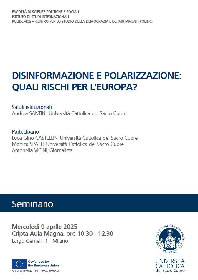 Polidemos (@polidemos_ucsc) on Twitter photo 🚨 SAVE THE DATE 🚨
Disinformazione e polarizzazione: Quali rischi per l'Europa?
📅 Mercoledì 9 aprile 2025
⏰ 10.30
📍 <a href="/Unicatt/">Università Cattolica</a> - Cripta Aula Magna
🗣️ Andrea Santini, <a href="/LucaGCastellin/">Luca G. Castellin</a>, Monica Spatti, Antonella Vicini.
Non mancate! 🚨 SAVE THE DATE 🚨
Disinformazione e polarizzazione: Quali rischi per l'Europa?
📅 Mercoledì 9 aprile 2025
⏰ 10.30
📍 <a href="/Unicatt/">Università Cattolica</a> - Cripta Aula Magna
🗣️ Andrea Santini, <a href="/LucaGCastellin/">Luca G. Castellin</a>, Monica Spatti, Antonella Vicini.
Non mancate!