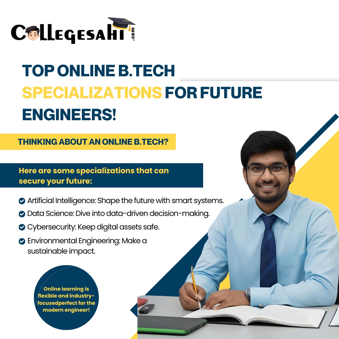CollegeSahi's tweet image. Explore the top online B.Tech specializations that will shape your engineering career! Whether it&apos;s AI, Data Science, Cybersecurity, or Environmental Engineering, find the perfect fit for your future.

Visit:collegesahi.com

#OnlineBTech #collegesahi
