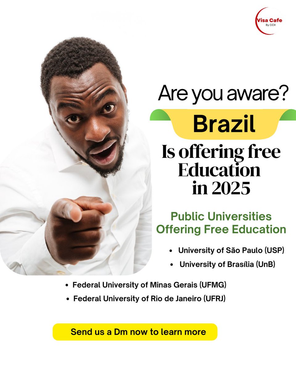 canadachoice1's tweet photo. Brazil is offering FREE education into public universities in 2025. Here is the list of public universities that offer free education:

• University of Sao Paulo
• University of Brasilia
• Federal University of Minas Gerais
• Federal University of Rio de Janiero

Send us a Dm for More
.
.
.
#visacafeccii #visaconsultants #canadachoiceimmigrationinc #visaapproval #startnow #starttoday #explorepage✨ #visaprofessionals #visaapplicationassistance