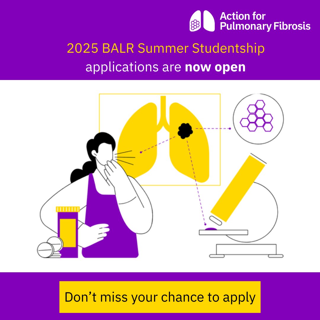 Action for Pulmonary Fibrosis (@actionpfcharity) on Twitter photo Are you a basic science or medical student interested in #lungscarring research? Or a clinician scientist with an idea for an 8-week project?
With <a href="/BALRcommunity/">British Association for Lung Research (BALR)</a>, we're supporting 2 Summer Studentships in 2025.
⏰Applications now open, apply by 10 May!
actionpf.org/research-info/… Are you a basic science or medical student interested in #lungscarring research? Or a clinician scientist with an idea for an 8-week project?
With <a href="/BALRcommunity/">British Association for Lung Research (BALR)</a>, we're supporting 2 Summer Studentships in 2025.
⏰Applications now open, apply by 10 May!
actionpf.org/research-info/…