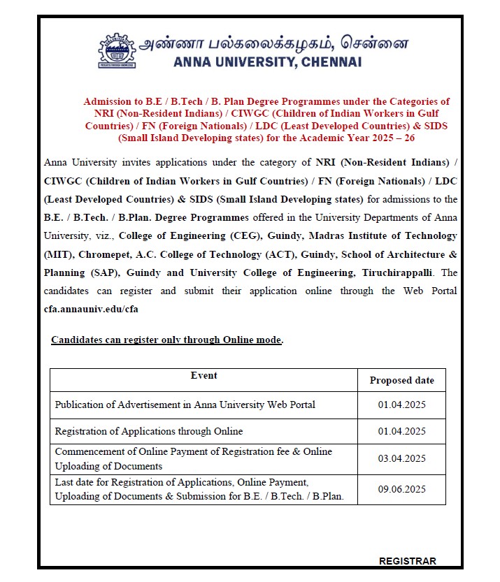 auvcochennai's tweet photo. #AnnaUniversity invites applications or #admissions to the B.E/ https://t.co/lauURsxLun. / B.Plan Degree Programmes 2025-26 under the category of #NRI/ #CIWGC / #FN / #LDC  &amp; #SIDS  offered in the University Departments of AU &amp; UCE Trichy

To Register : https://t.co/yDi7rFC1Fc https://t.co/2owFncXAwt