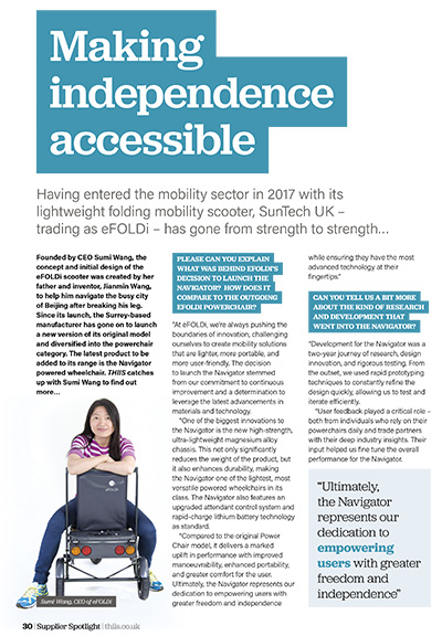 wwwthiiscouk's tweet photo. SUPPLIER SPOTLIGHT: In the latest April issue of THIIS Magazine, Sumi Wang, CEO of @eFOLDi_World, discusses the latest updates to the brand's range, including the newly launched Navigator powered wheelchair. Read more: https://t.co/hzWa1qKtz7 https://t.co/D6lPznZWdE