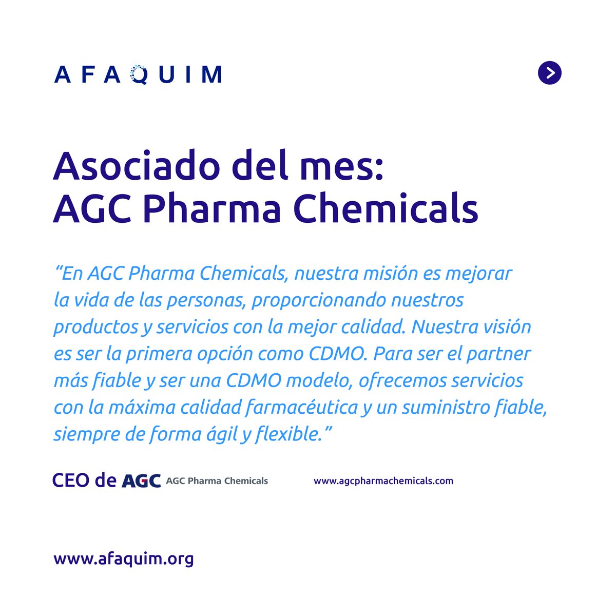 En <a href="/afaquim_asoc/">AFAQUIM</a> arrancamos una nueva iniciativa con la que queremos dar visibilidad a nuestros asociados y poner en valor su impacto en la industria. Nuestro primer asociado es AGC Pharma Chemicals. 

👉 Te invitamos a leer la entrevista completa aquí: afaquim.org/el-asociado-de…