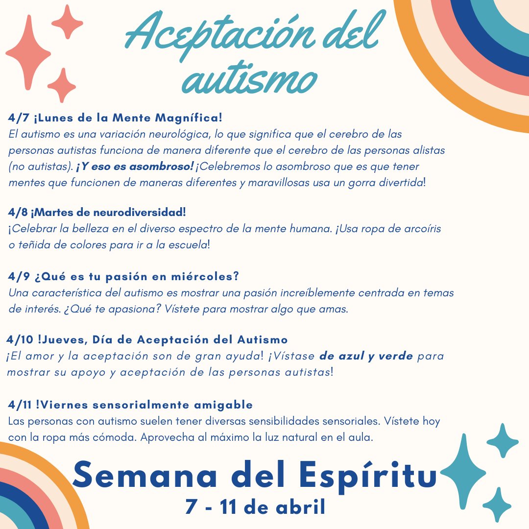 Celebrate the amazing world of neurodiversity with us! Join our Spirit Week, April 7th-11th. 

¡Celebra el increíble mundo de la neurodiversidad con nosotros! Únete a nuestra Semana del Espíritu, del 7 al 11 de abril.