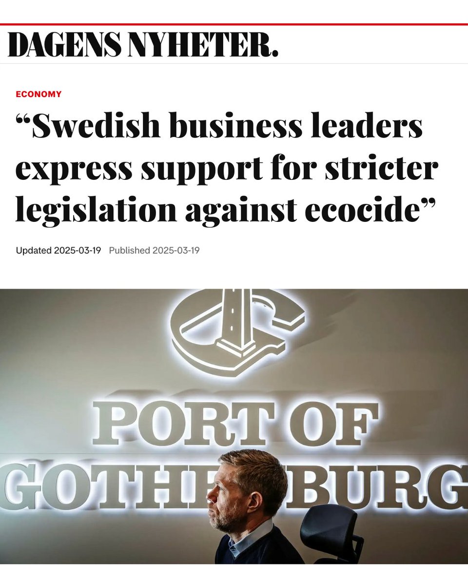 Stop Ecocide International (@ecocidelaw) on Twitter photo "Swedish business leaders express support for stricter legislation against #ecocide"
- Major Swedish outlet <a href="/dagens/">Dagens Nyheter</a> reports.
Full story: dn.se/ekonomi/foreta…
Learn more about the business case for #ecocidelaw: stopecocide.earth/business
#StopEcocide "Swedish business leaders express support for stricter legislation against #ecocide"
- Major Swedish outlet <a href="/dagens/">Dagens Nyheter</a> reports.
Full story: dn.se/ekonomi/foreta…
Learn more about the business case for #ecocidelaw: stopecocide.earth/business
#StopEcocide