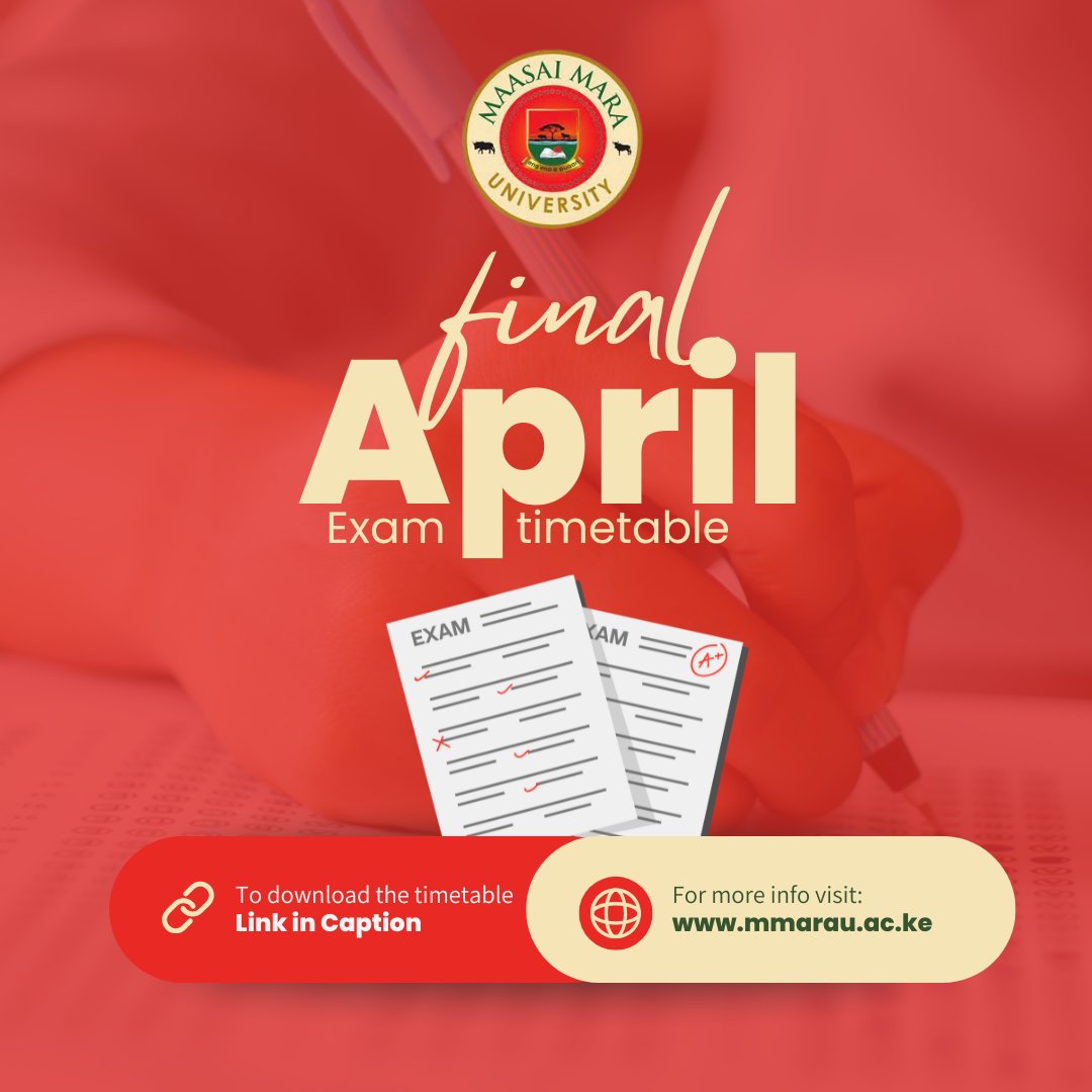 📅 EXAMINATION TIMETABLE RELEASED!

🔍 Find your exam schedule now!
📌 Access the official exam timetable via the link below:

🔗 drive.google.com/file/d/1lfKi8_…

For any inquiries, visit the Office of Timetabling and Examination.

#ExamTimetable #MMARAU #StayPrepared