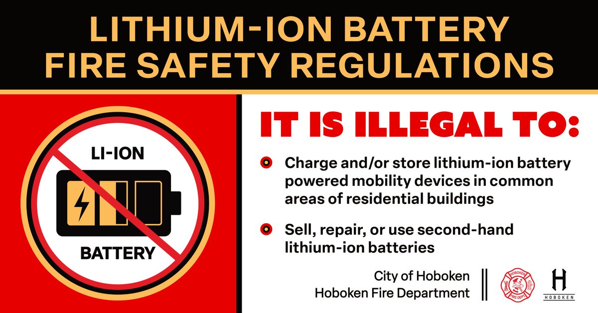 HobokenFire's tweet image. 🔋Reminder: it's now illegal in @CityofHoboken to charge and/or store lithium-ion battery powered mobility devices in common areas of most residential buildings. AND to sell, repair, or use them 2nd hand.
🔥This is to protect ALL against devastating fires caused by improper use.