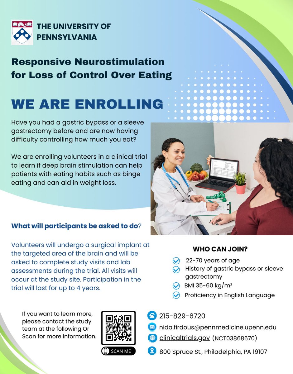 CaseyHalpern5's tweet image. We are enrolling patients in our deep brain stimulation trial for those with obesity who have struggled despite bariatric surgery.