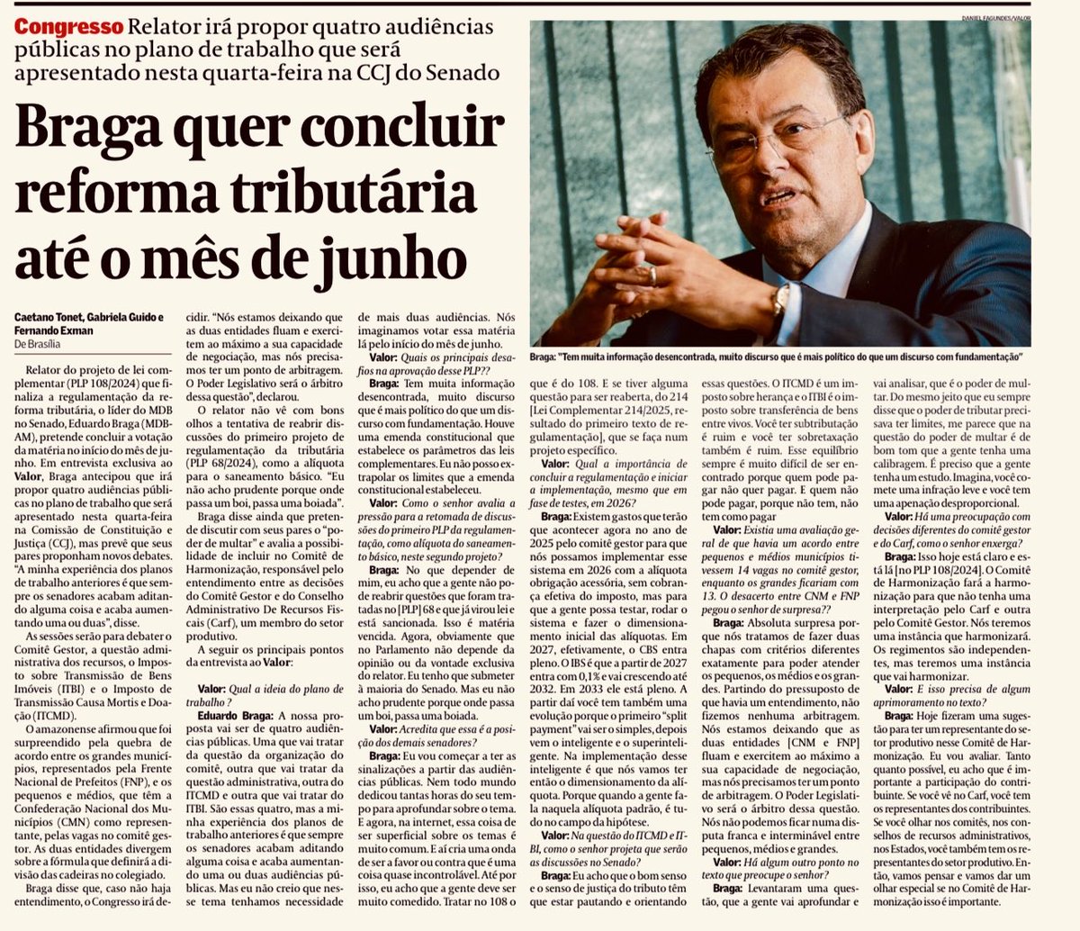 "Nós estamos deixando que as duas entidades fluam e exercitem ao máximo a sua capacidade de negociação, mas nós precisamos ter um ponto de arbitragem. O Poder Legislativo será o árbitro dessa questão", declarou <a href="/EduardoBraga_AM/">Eduardo Braga</a> a <a href="/tonetcamargo/">Caetano Tonet Camargo</a> <a href="/gabrielatguido/">Gabriela Guido</a>⁩ <a href="/fernandoexman/">Fernando Exman</a>