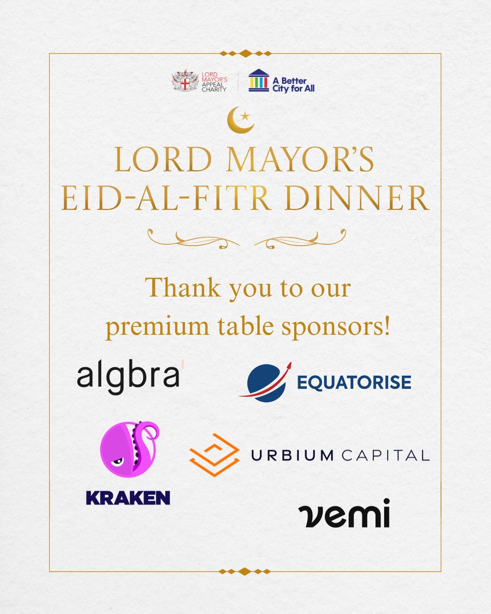 Lord Mayor's Appeal (@lmappeal) on Twitter photo A big thank you to our generous sponsors <a href="/AlgbraApp/">Algbra</a> , <a href="/equatorise/">Equatorise</a> , Vemi, <a href="/UrbiumCapital/">Urbium Capital</a> , and Kraken for supporting the Eid-Al-Fitr Dinner on 9 April 2025. Join us for an evening of culture, celebration. Book your tickets now! thelordmayorsappeal.org/news-and-event⌠A big thank you to our generous sponsors <a href="/AlgbraApp/">Algbra</a> , <a href="/equatorise/">Equatorise</a> , Vemi, <a href="/UrbiumCapital/">Urbium Capital</a> , and Kraken for supporting the Eid-Al-Fitr Dinner on 9 April 2025. Join us for an evening of culture, celebration. Book your tickets now! thelordmayorsappeal.org/news-and-eventâŚ