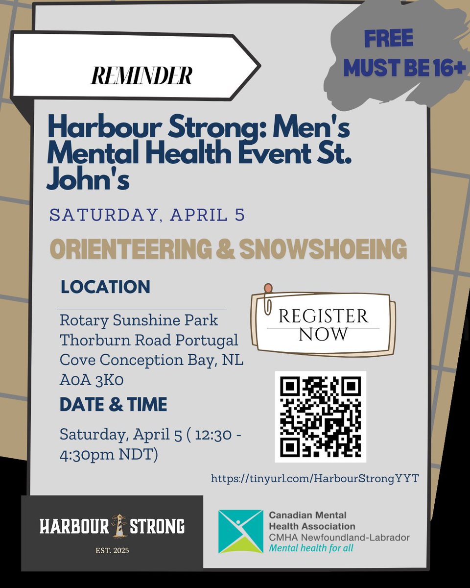 Haven’t Registered yet? 🤔 Now’s the time!
Join us for Harbour Strong on April 5th at Rotary Sunshine Park, Conception Bay.
Secure your spot today! 👉 tinyurl.com/HarbourStrongY…

#mentalhealth #EmpoweringCommunities #menmentalhealth #HarbourStrong