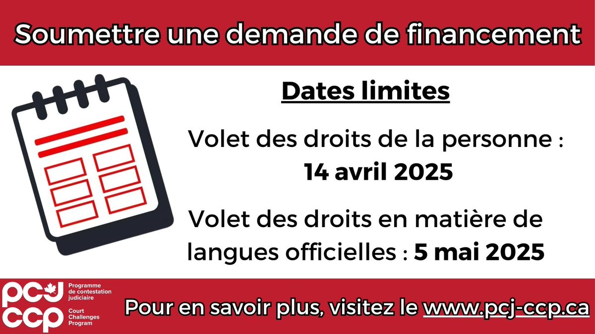 Il est encore temps de soumettre une demande de financement pour le volet des droits de la personne du Programme de contestation judiciaire.

Date limite : 𝟏𝟒 𝐚𝐯𝐫𝐢𝐥 𝟐𝟎𝟐𝟓
Plus de détails : pcj-ccp.ca/frn

#Financement #DroitsConstitutionnels #DroitsdelaPersonne