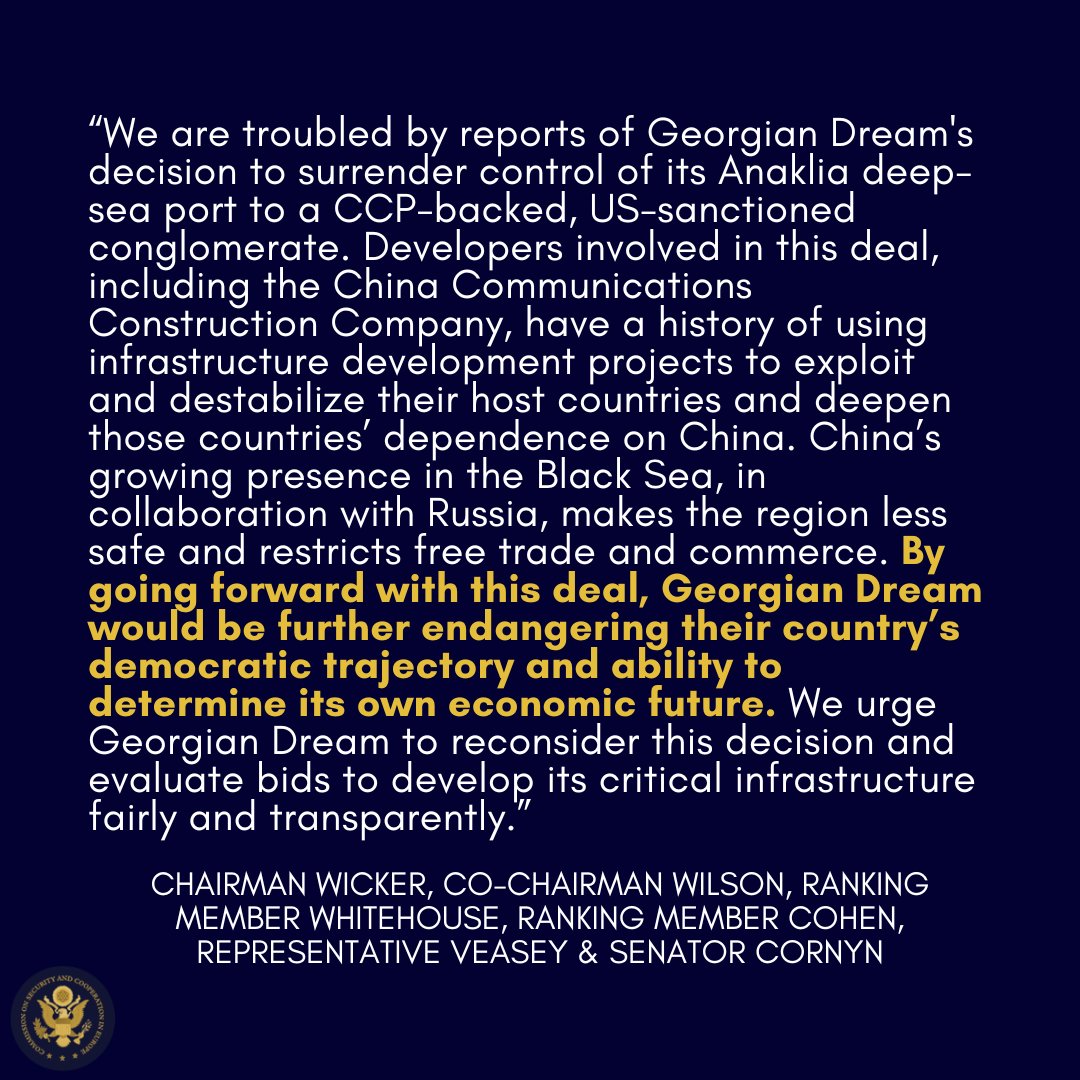 Today, bipartisan members of the Helsinki Commission expressed their concern about reports that Georgian Dream is surrendering control of the Anaklia deep-sea port to a CCP-backed, US-sanctioned conglomerate. 🧵1/2
