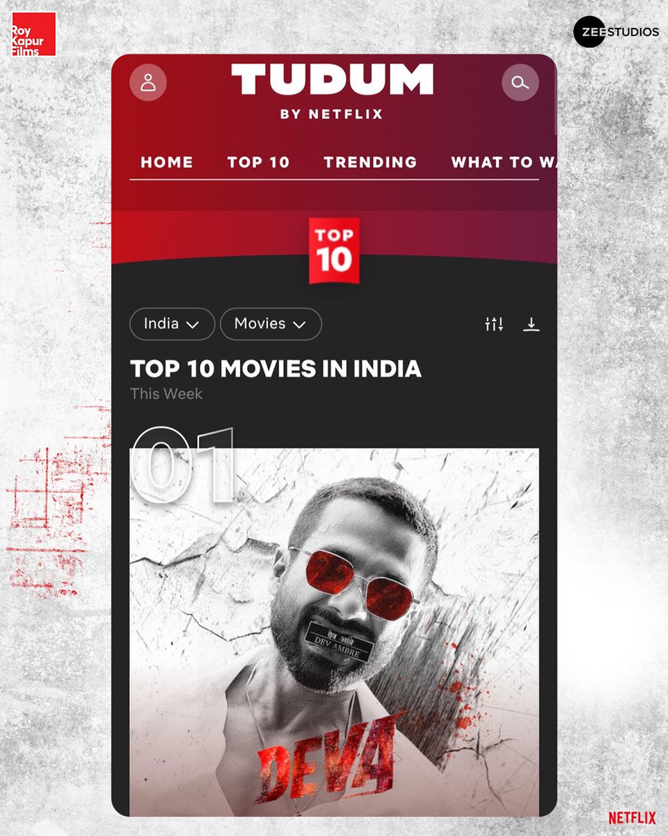 roykapurfilms's tweet photo. #Deva reigns supreme!

Trending at #1 Movie in India along with 6 other countries!
#2 Global Movie (Non-English) and still rising.

🔗 - https://t.co/HzQNRX07QI

Have you watched #DevaOnNetflix yet?

@NetflixIndia @shahidkapoor @hegdepooja #PavailGulatie #RosshanAndrrews #SiddharthRoyKapur #UmeshKrBansal #BobbySanjay @hussainthelal #ArshadSyed @Sumitaroraa @Malvika25 #RoyKapurFilms @ZeeStudios_ @ZeeMusicCompany