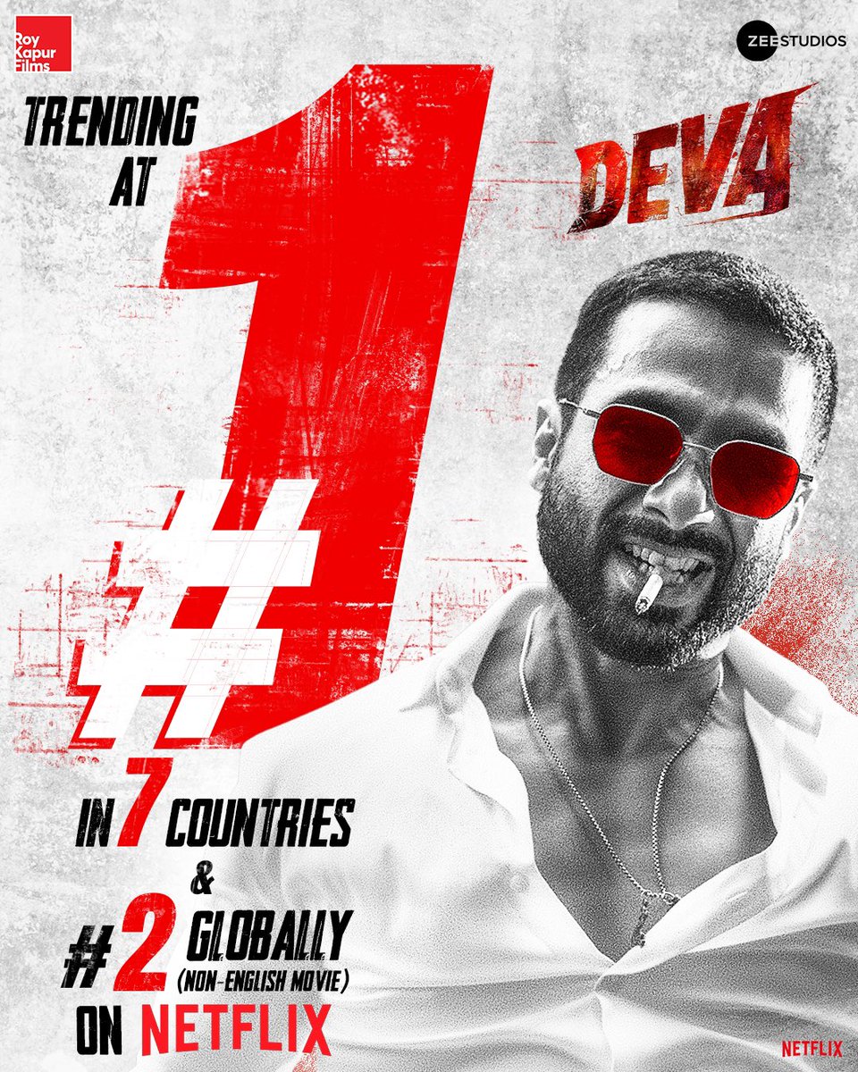 roykapurfilms's tweet photo. #Deva reigns supreme!

Trending at #1 Movie in India along with 6 other countries!
#2 Global Movie (Non-English) and still rising.

🔗 - https://t.co/HzQNRX07QI

Have you watched #DevaOnNetflix yet?

@NetflixIndia @shahidkapoor @hegdepooja #PavailGulatie #RosshanAndrrews #SiddharthRoyKapur #UmeshKrBansal #BobbySanjay @hussainthelal #ArshadSyed @Sumitaroraa @Malvika25 #RoyKapurFilms @ZeeStudios_ @ZeeMusicCompany
